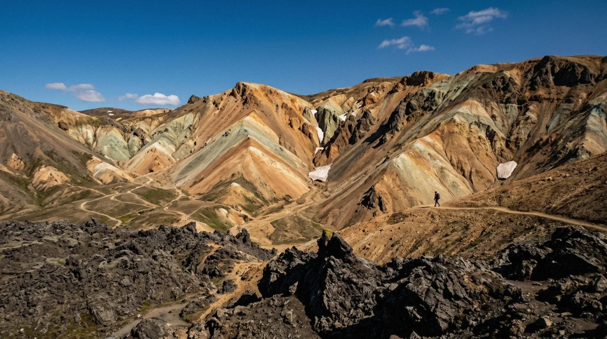 The rhyolite mountains above the valley under a clear blue July sky, the best time to visit Landmannalaugar, Iceland