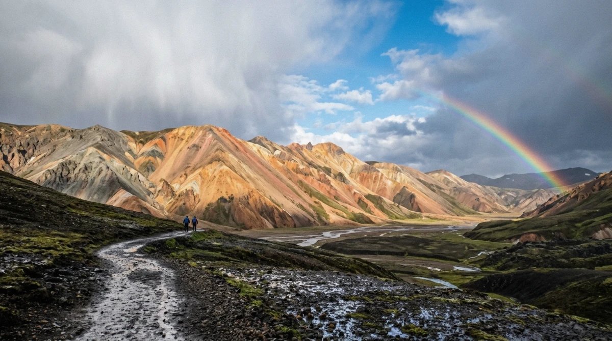 Sunlight breaking across the rhyolite mountains after a rain squall passes over the Landmannalaugar valley, Iceland