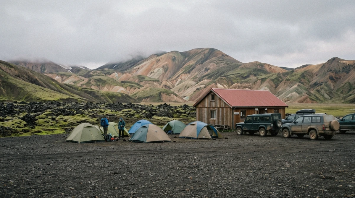 Tents and the mountain hut at the Landmannalaugar campsite, where the Háifoss minibus tours park for four hours, Iceland
