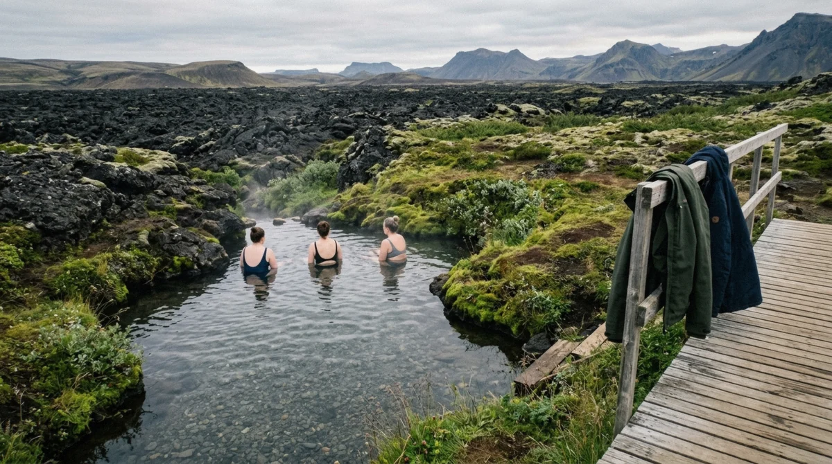 Bathers in the natural geothermal pool at the end of a Landmannalaugar hiking tour, beside the Laugahraun lava field in Iceland