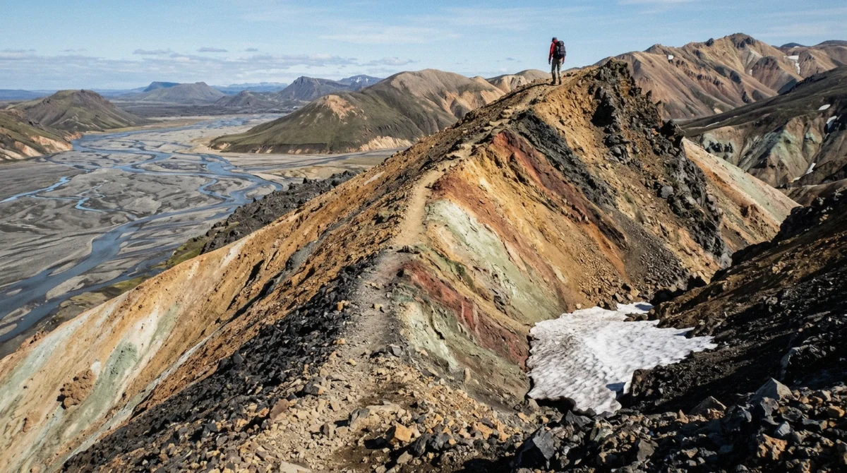 A hiker on the banded rhyolite ridge above the valley, the walking part of a Landmannalaugar tour from Hella, Iceland
