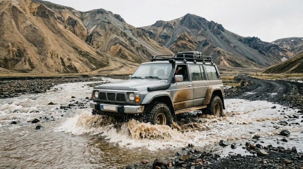 A super jeep crossing a glacial river on the F-road into the highlands on a Landmannalaugar tour from Hella, Iceland