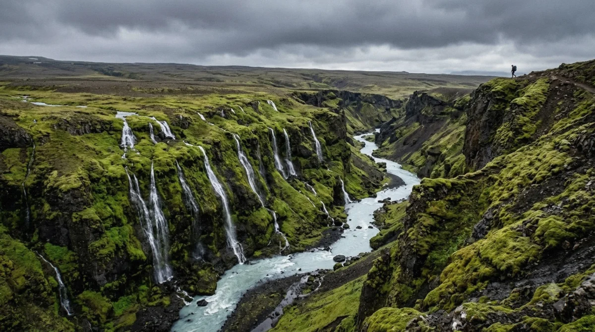 Waterfalls down the mossy canyon wall at Sigöldugljúfur, a stop on the 4x4 minibus Landmannalaugar and Háifoss tour in Iceland